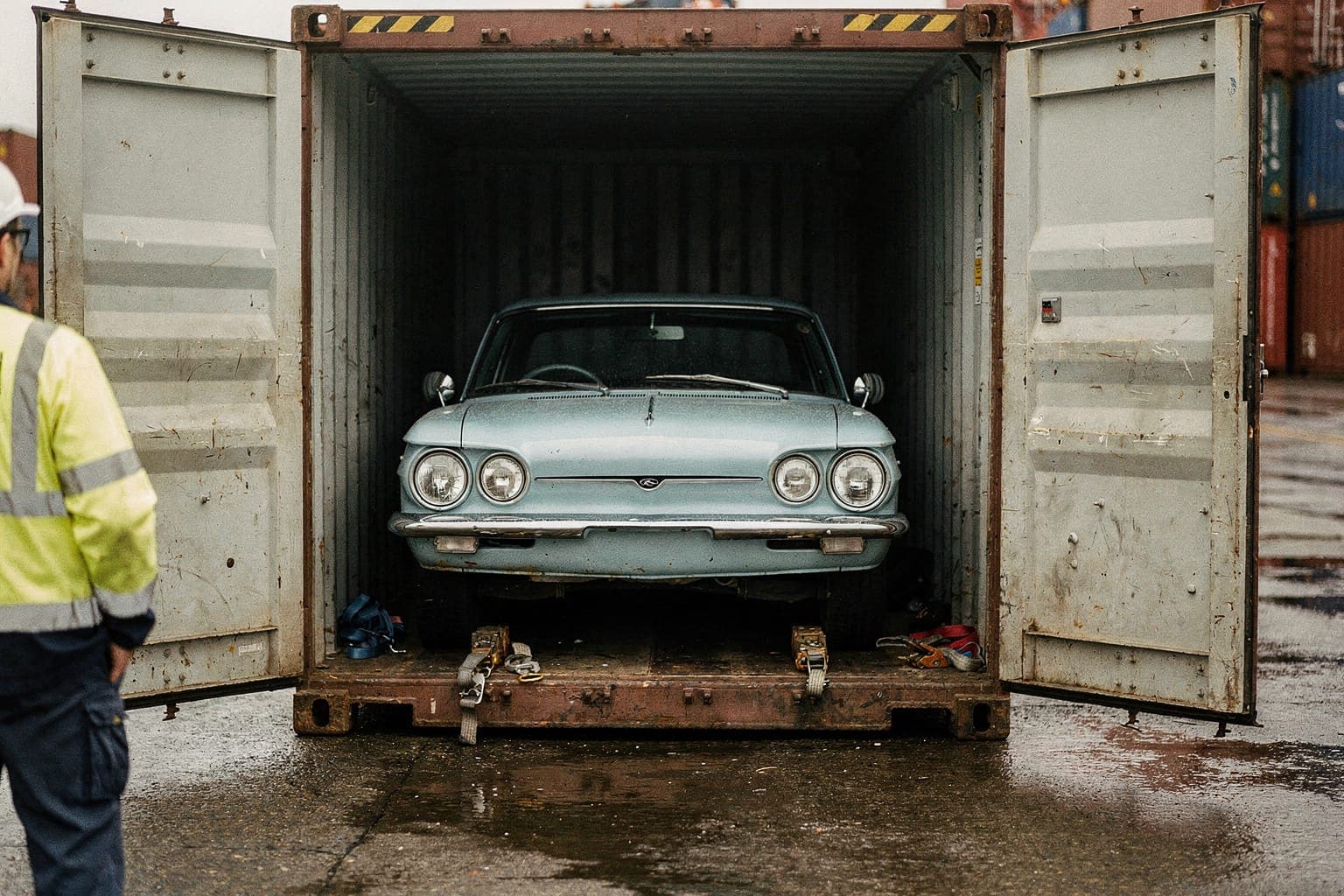A classic car being unloaded from a shipping container