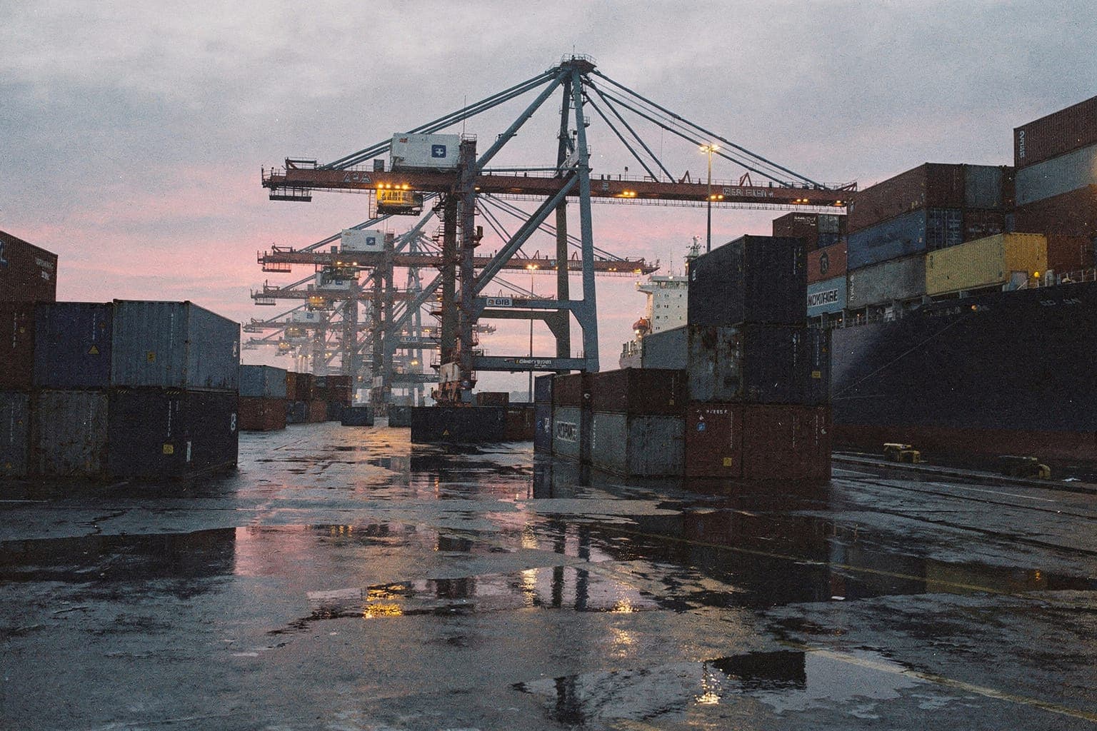 Container terminal at a UK port at dusk